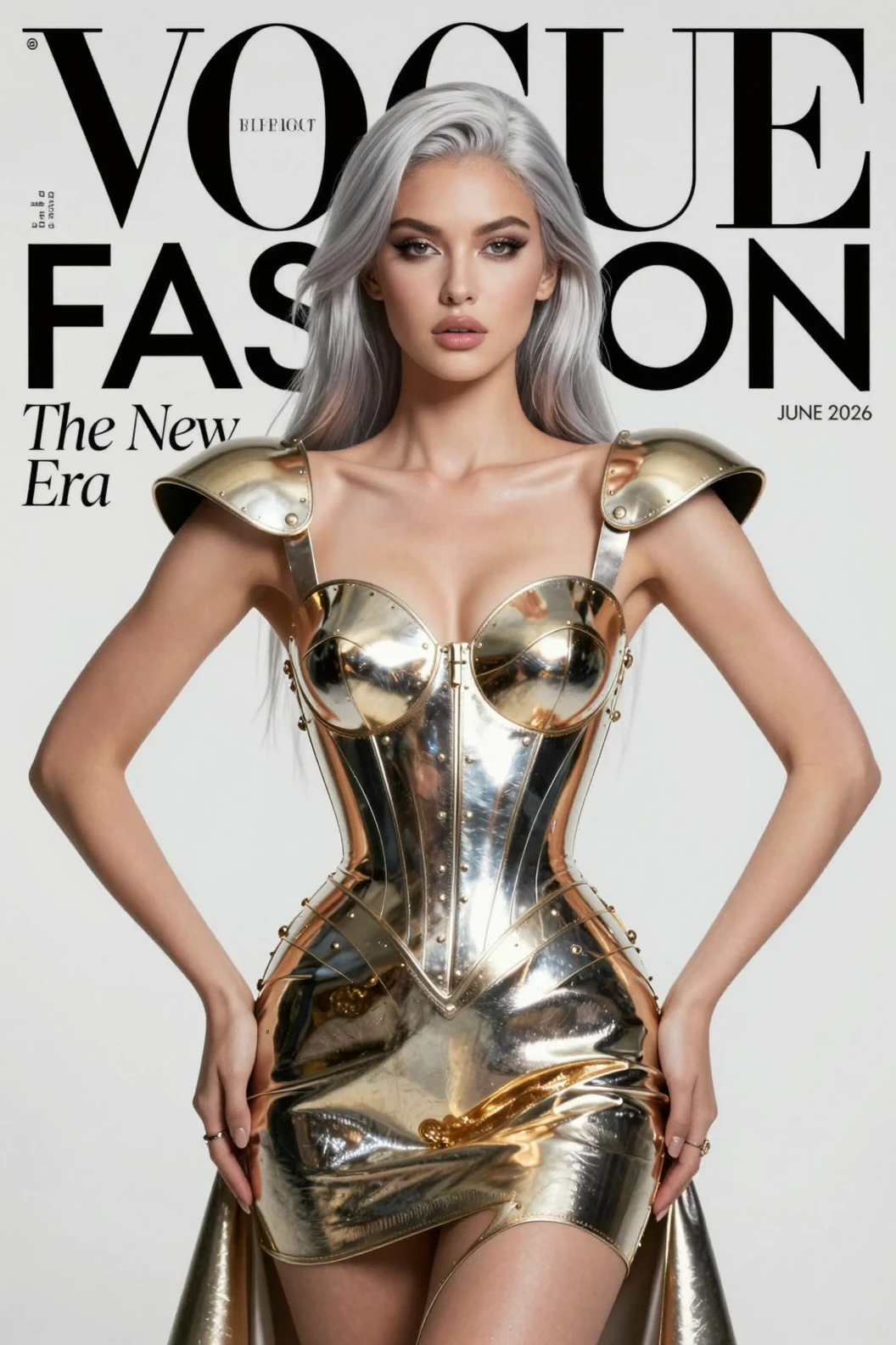 Silver haired fashion model in metallic armor dress
