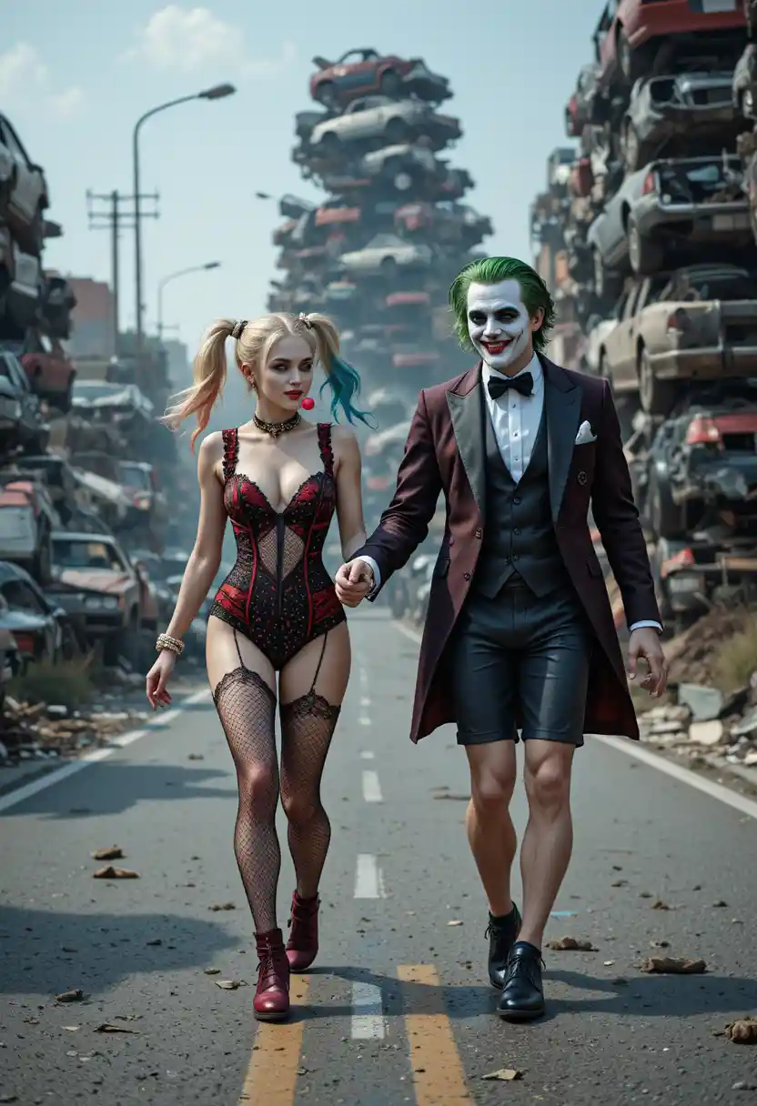 Woman skipping hand in hand down a chaotic city street