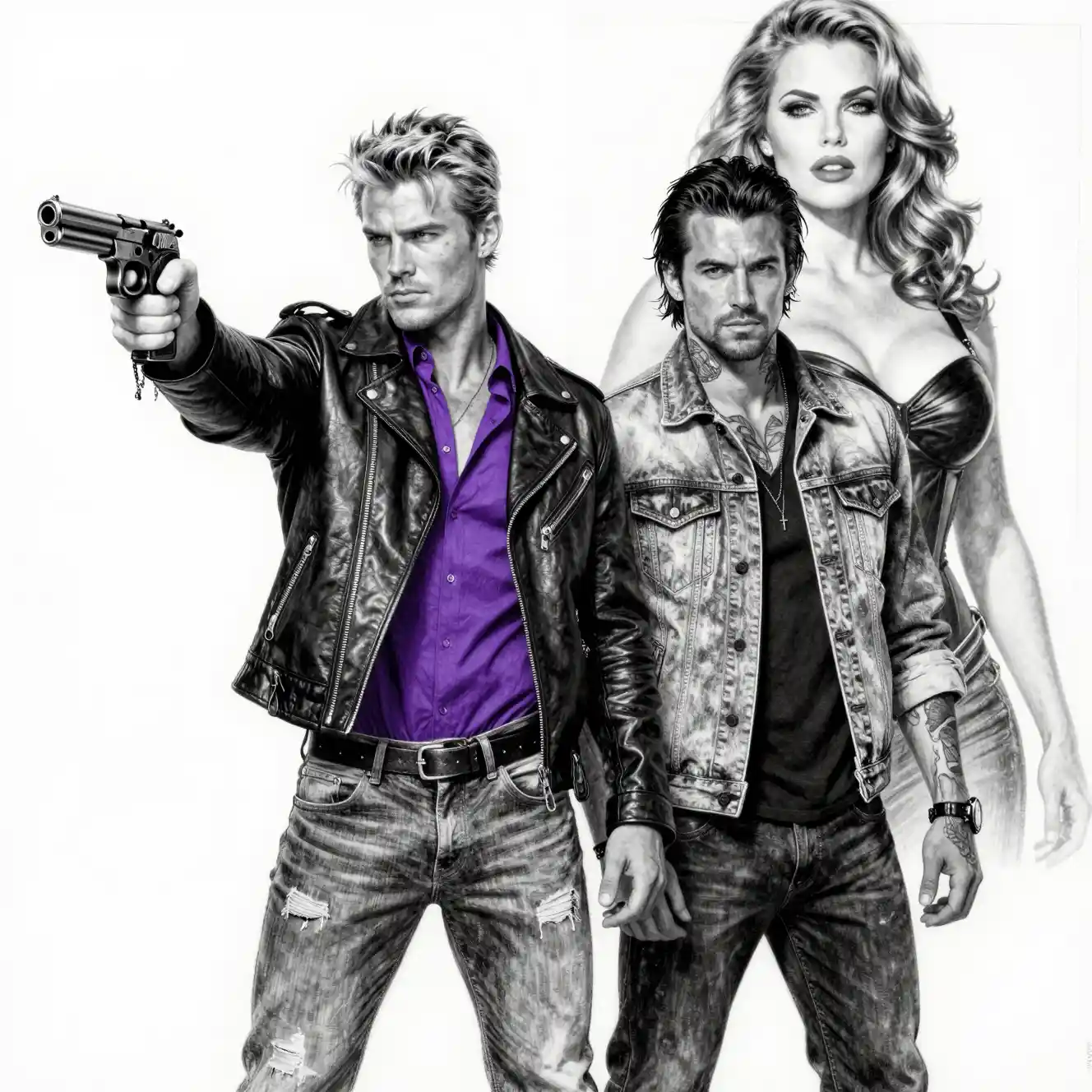 Two armed men standing confidently with intense expressions
