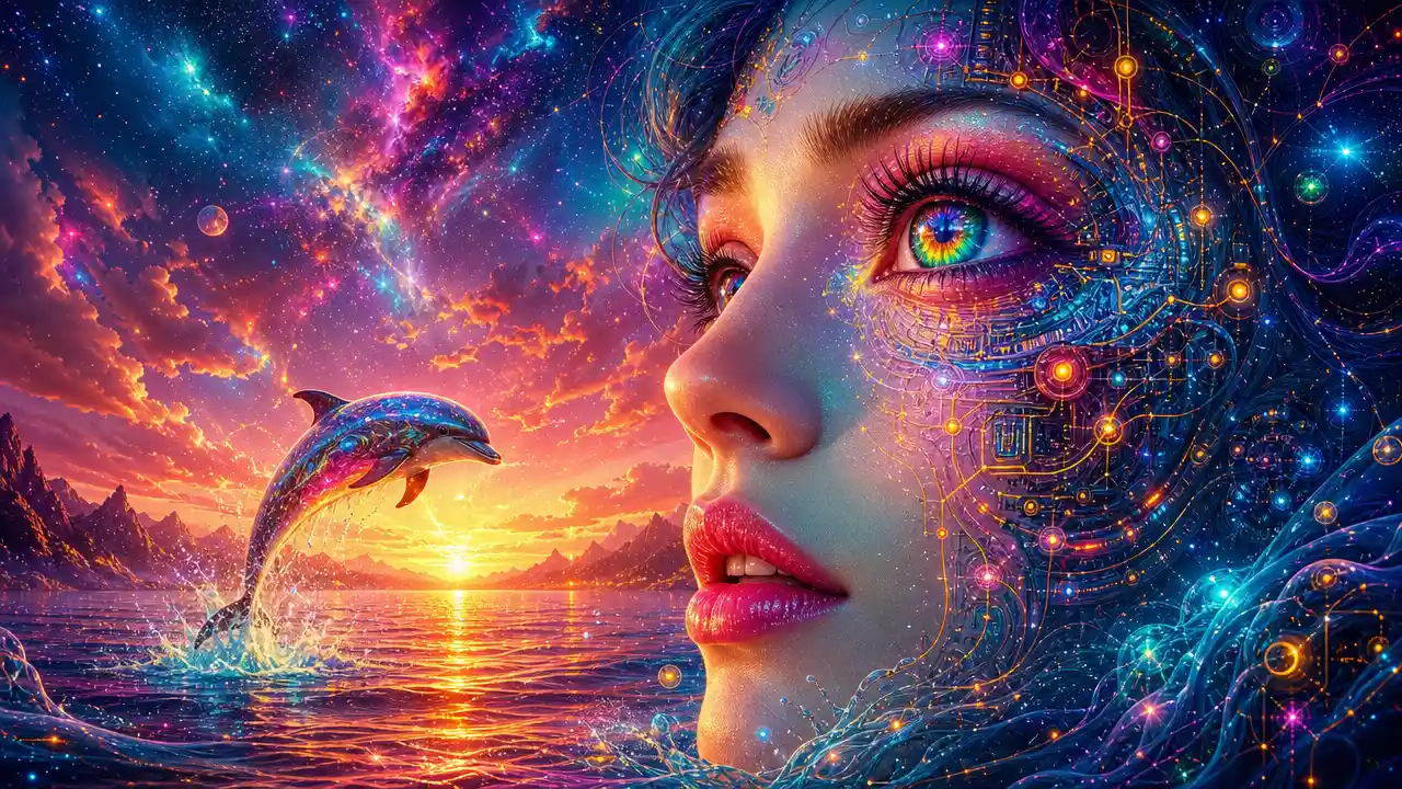 Surreal cybernetic woman portrait with cosmic ocean background