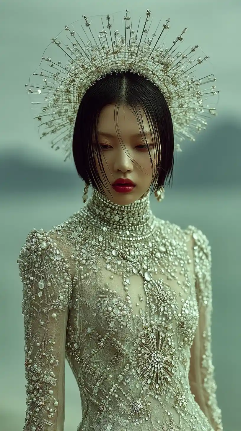 Ethereal portrait of an East Asian woman in pearl gown