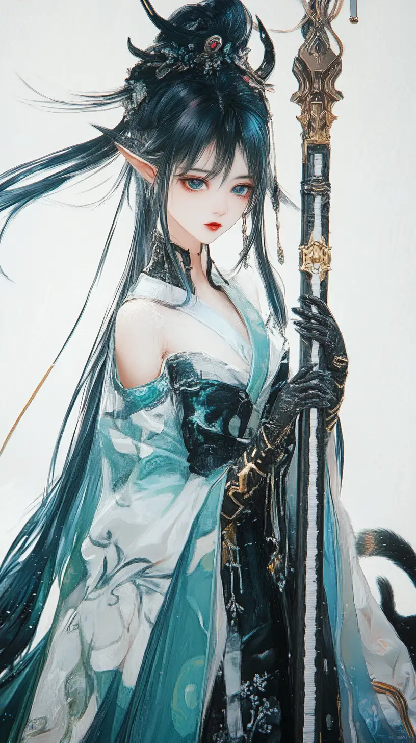 Futuristic spear with light blue blade and kitten engraving