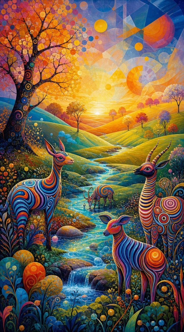 Créatures fantastiques colorées dans un paysage peint abstrait