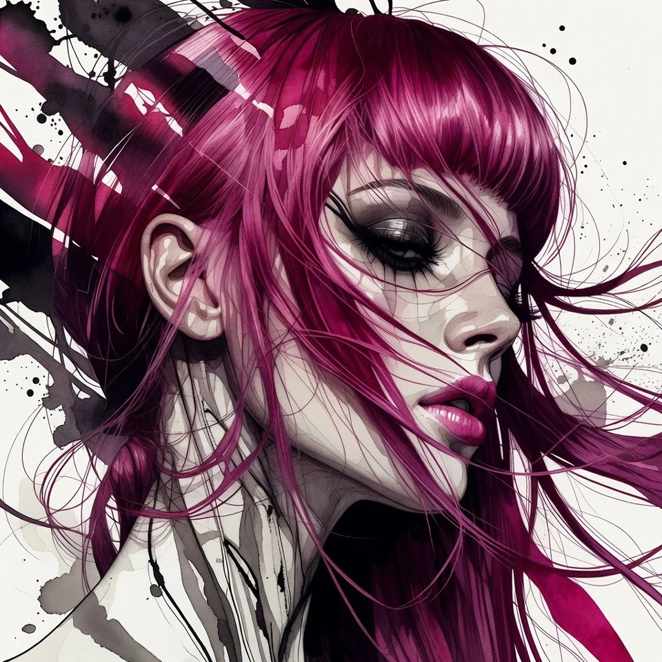 Primerísimo plano de una mujer gótica con el pelo rosa