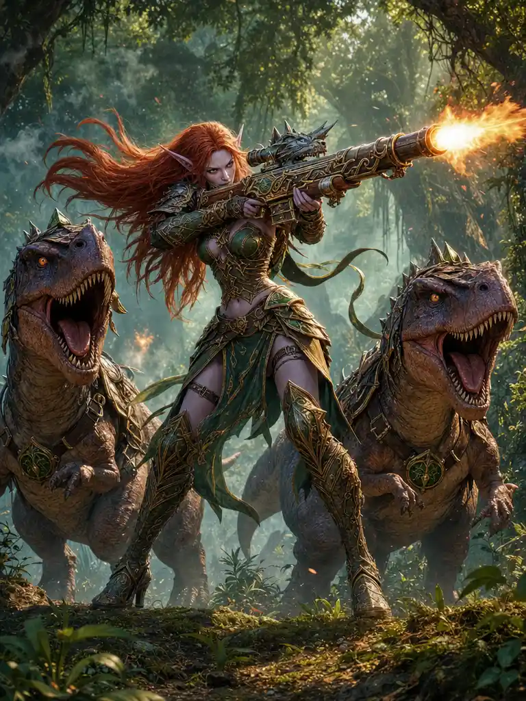 Night elf warrior aiming rifle in a mystical forest