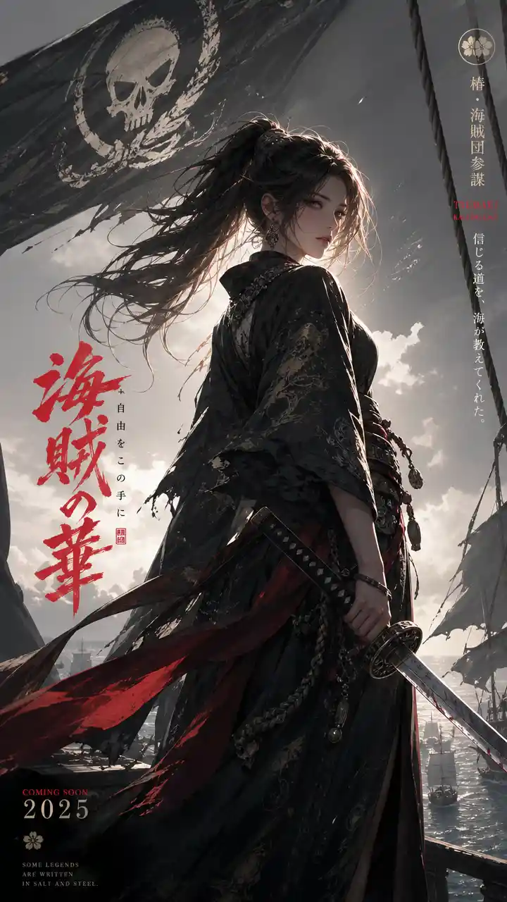 Anime pirate woman in the wind with backlit silhouette