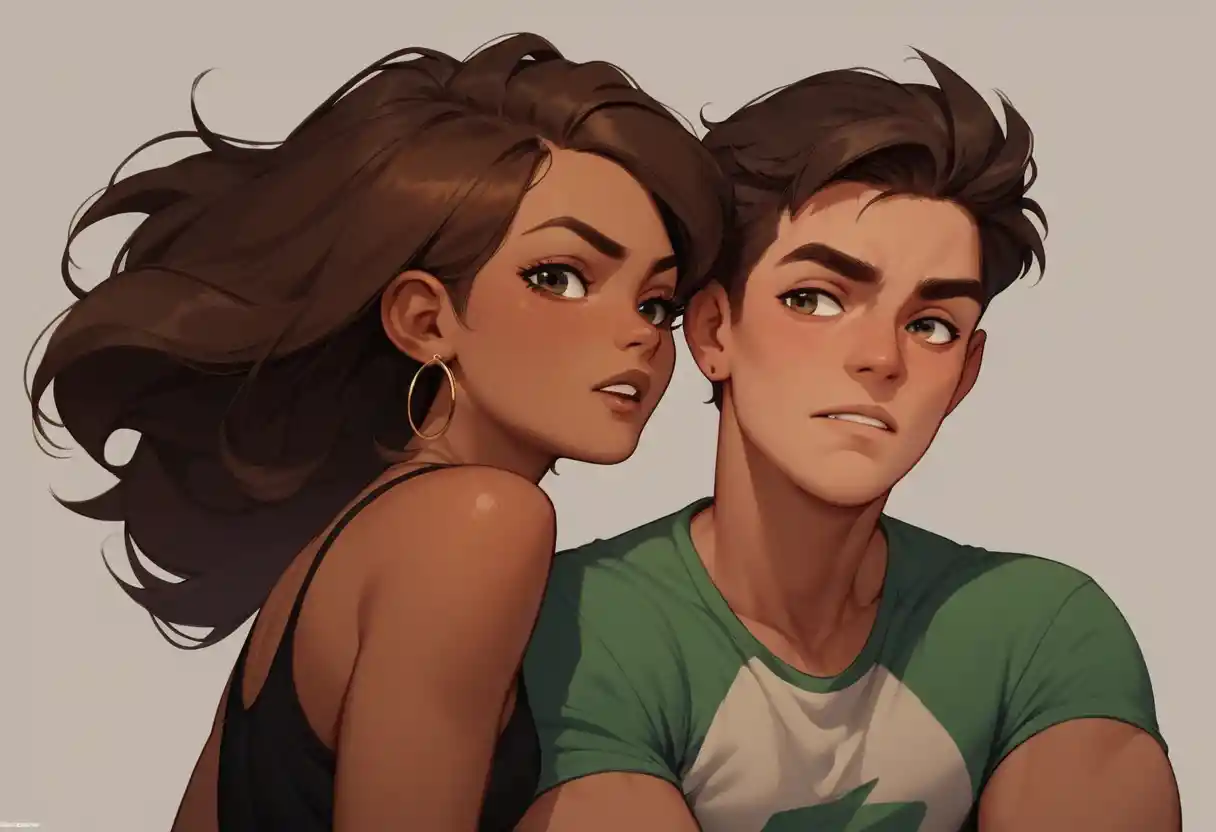 Brown skinned girl with long dark hair facing a mixed race guy
