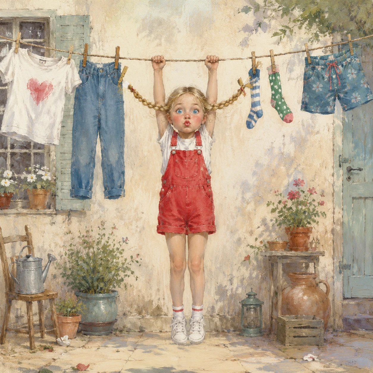 Little girl hanging from a clothesline in a sunny courtyard