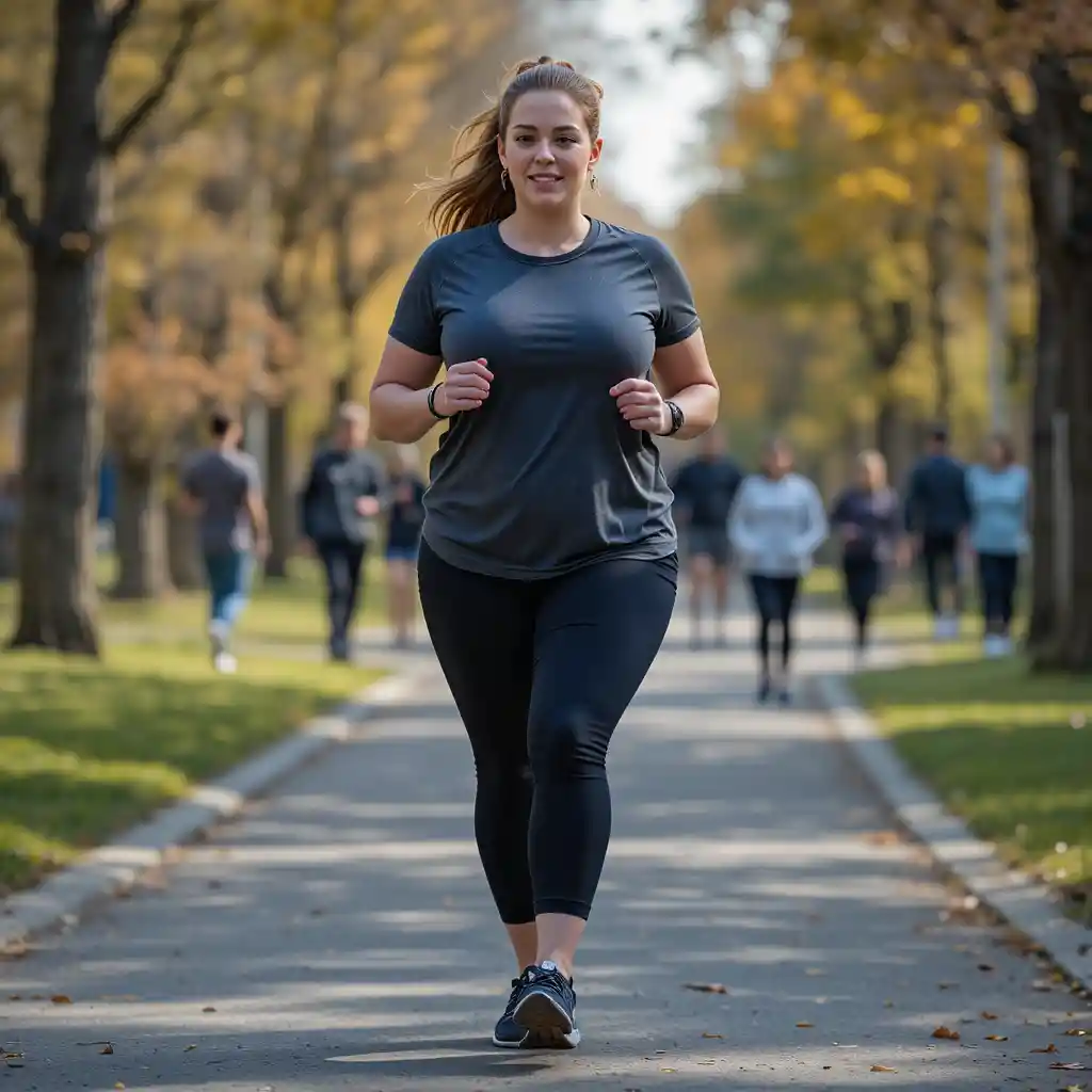 Plus size woman jogging through a busy city park