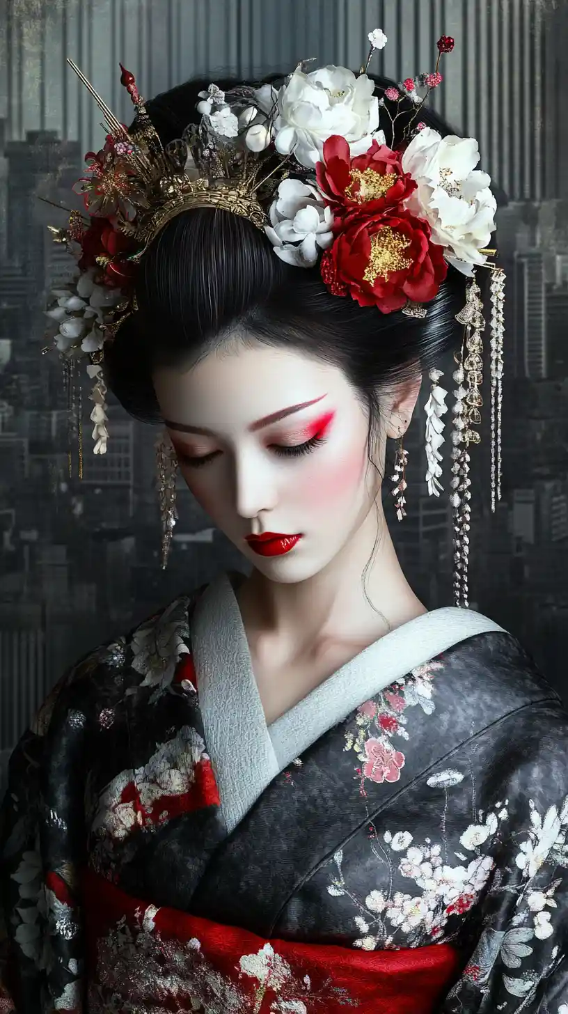 Japanese woman in floral kimono amid monochrome cityscape