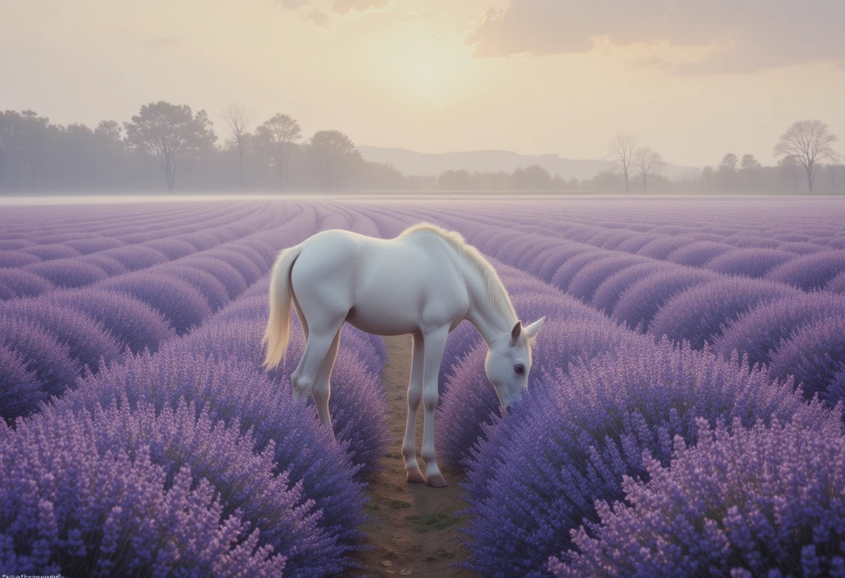 White foal grazing in a purple lavender field at dawn