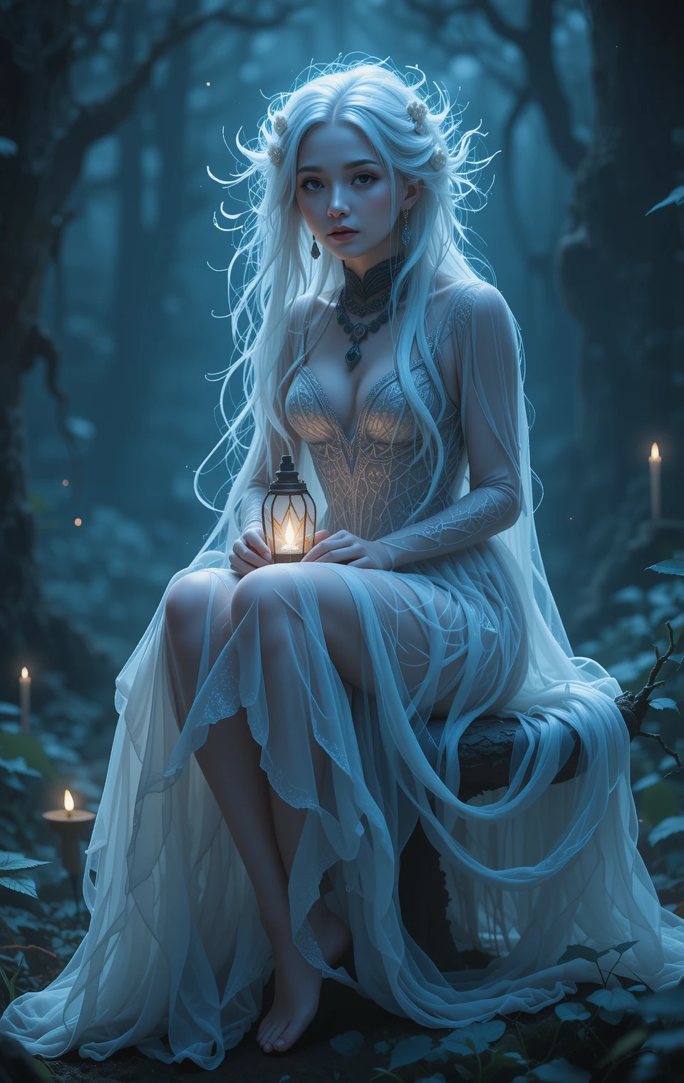 Elderly goth woman on glowing toadstool in fairy forest night