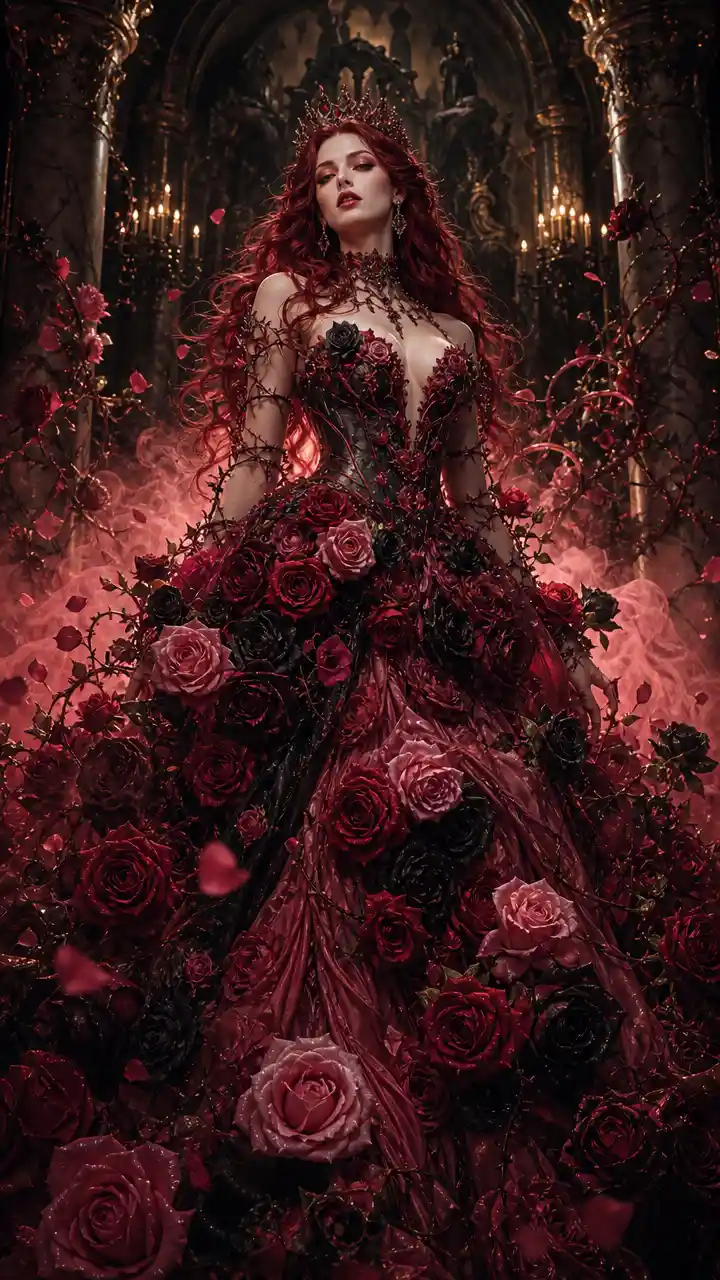 Crimson haired queen rising in a candlelit gothic palace