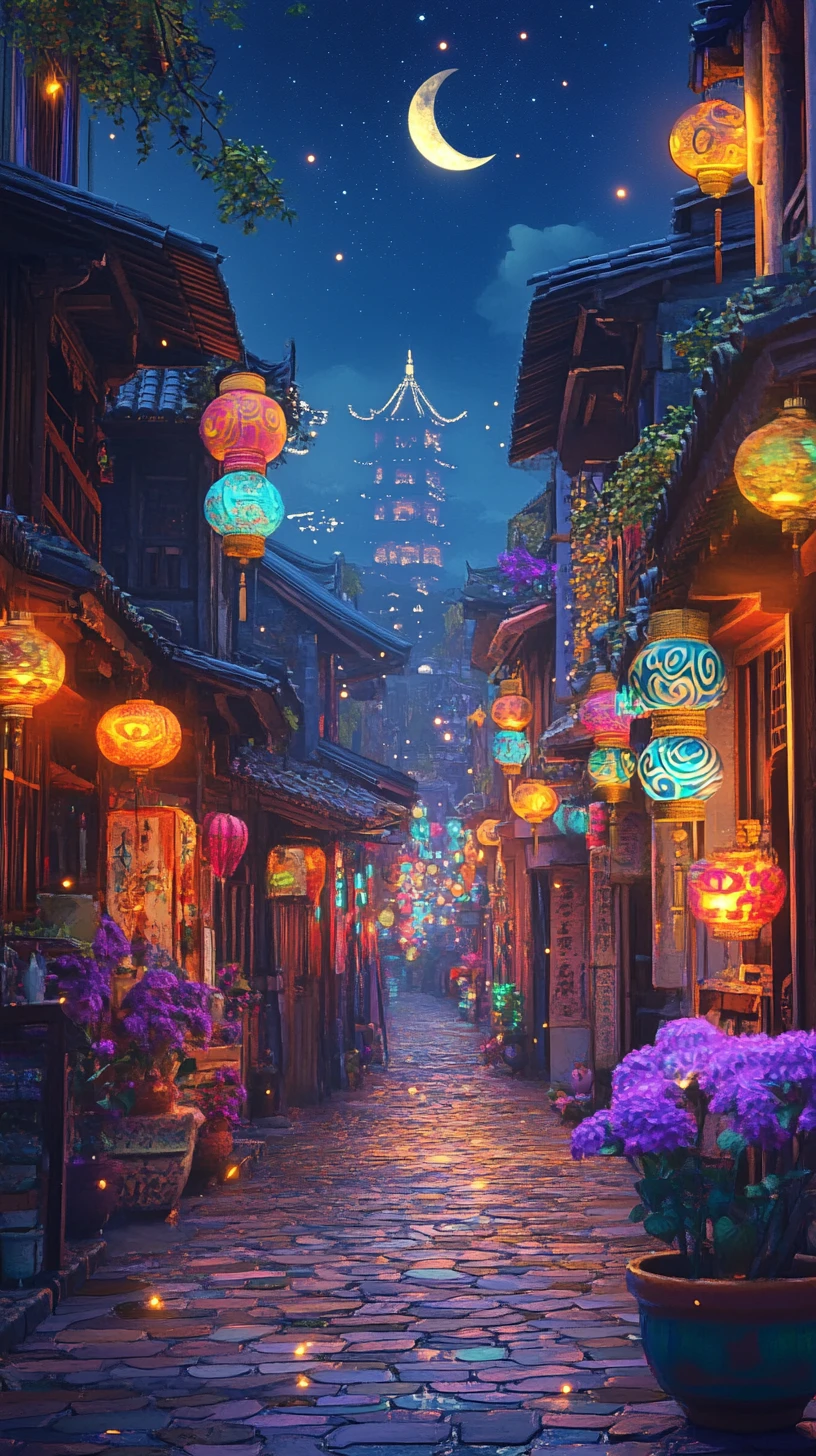 Psychedelic lantern lit alley with East Asian style buildings