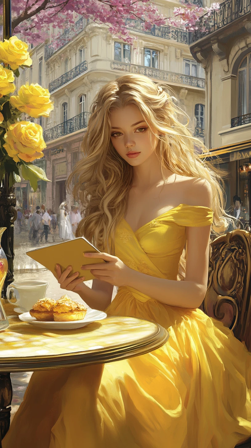 Young woman reading at a Parisian cafe table outdoors