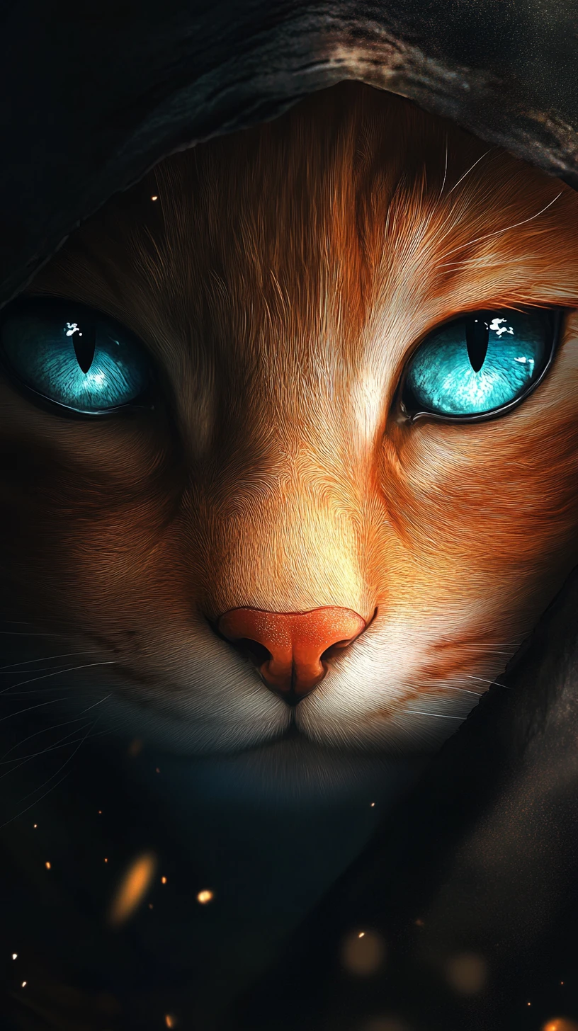 Mystical feline hybrid portrait with glowing blue eyes