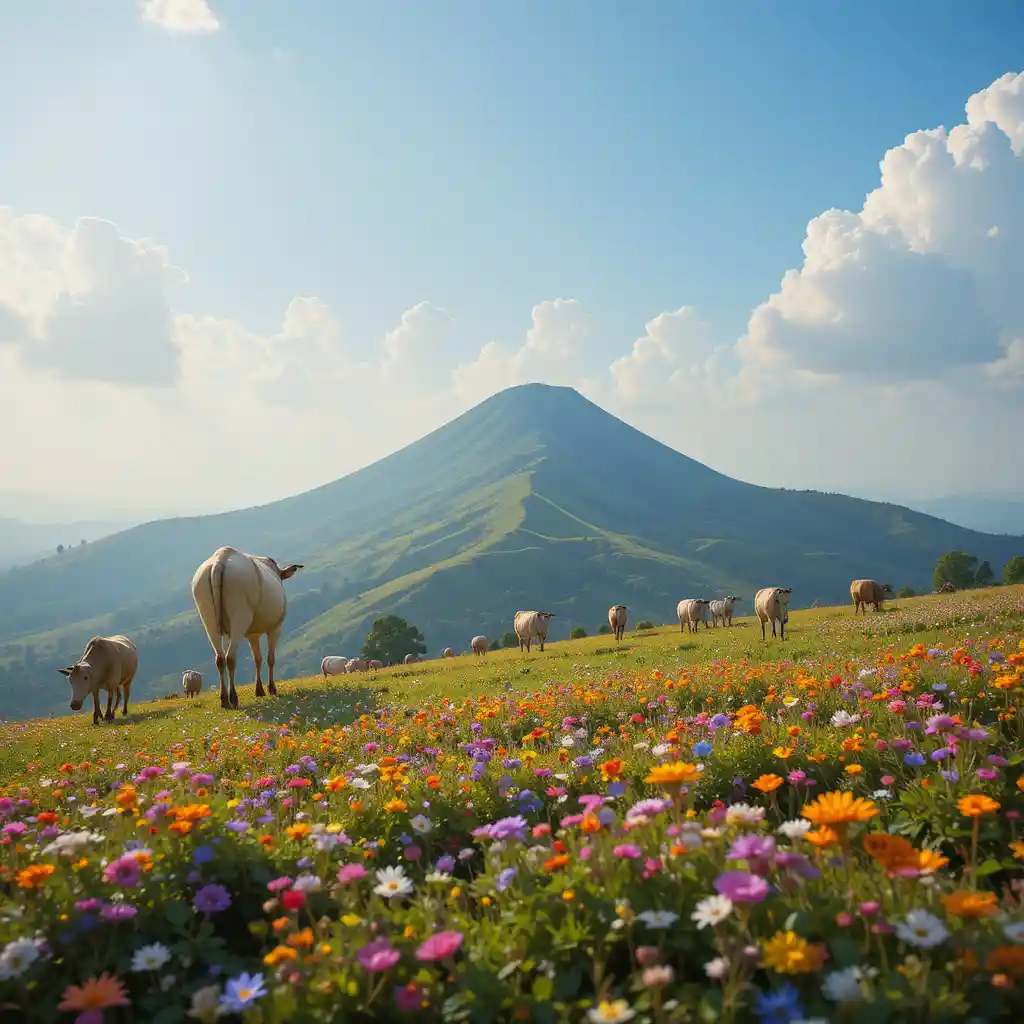Cows Grazing Below Govardhan Hill In Sunny Countryside