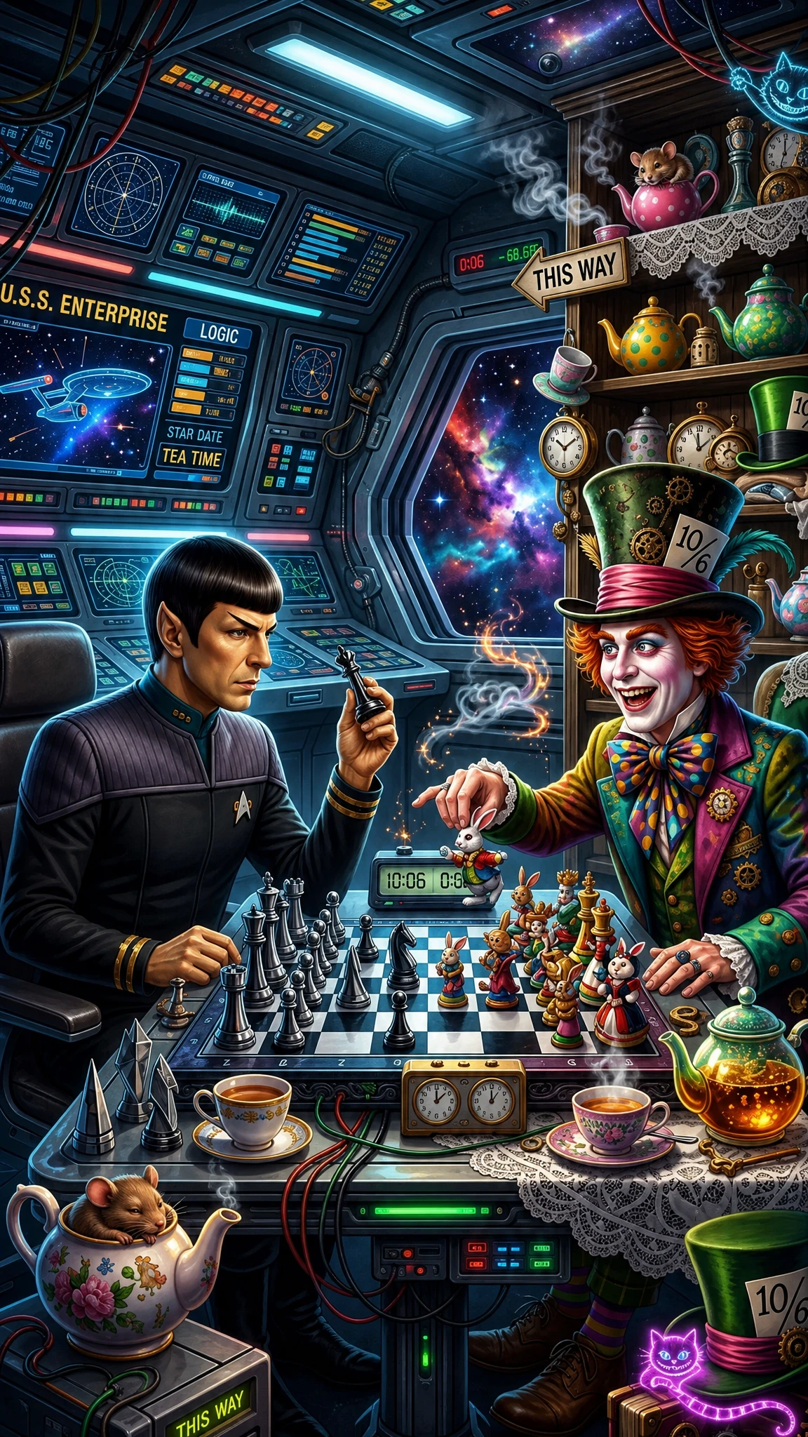 Surreal chess duel in a sci fi room with eccentric decor