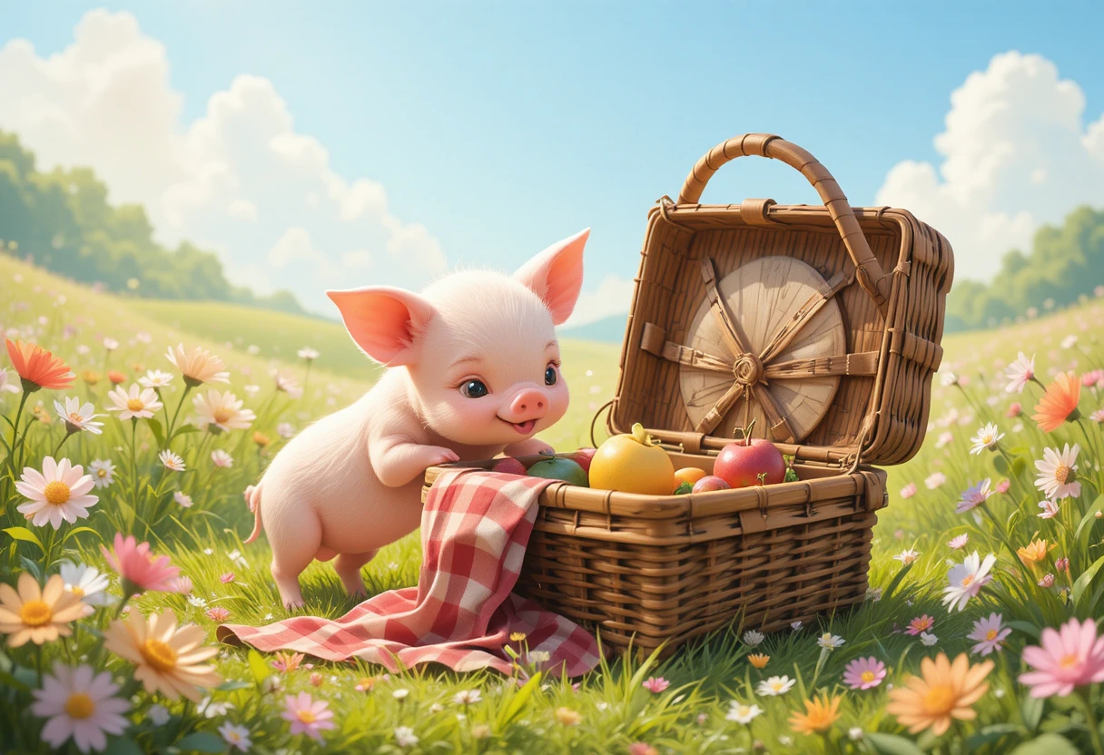 Curious pink piglet with picnic basket in flower meadow
