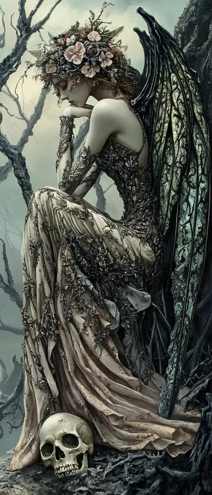 Sleeping skeletal fairy resting against a decaying skull