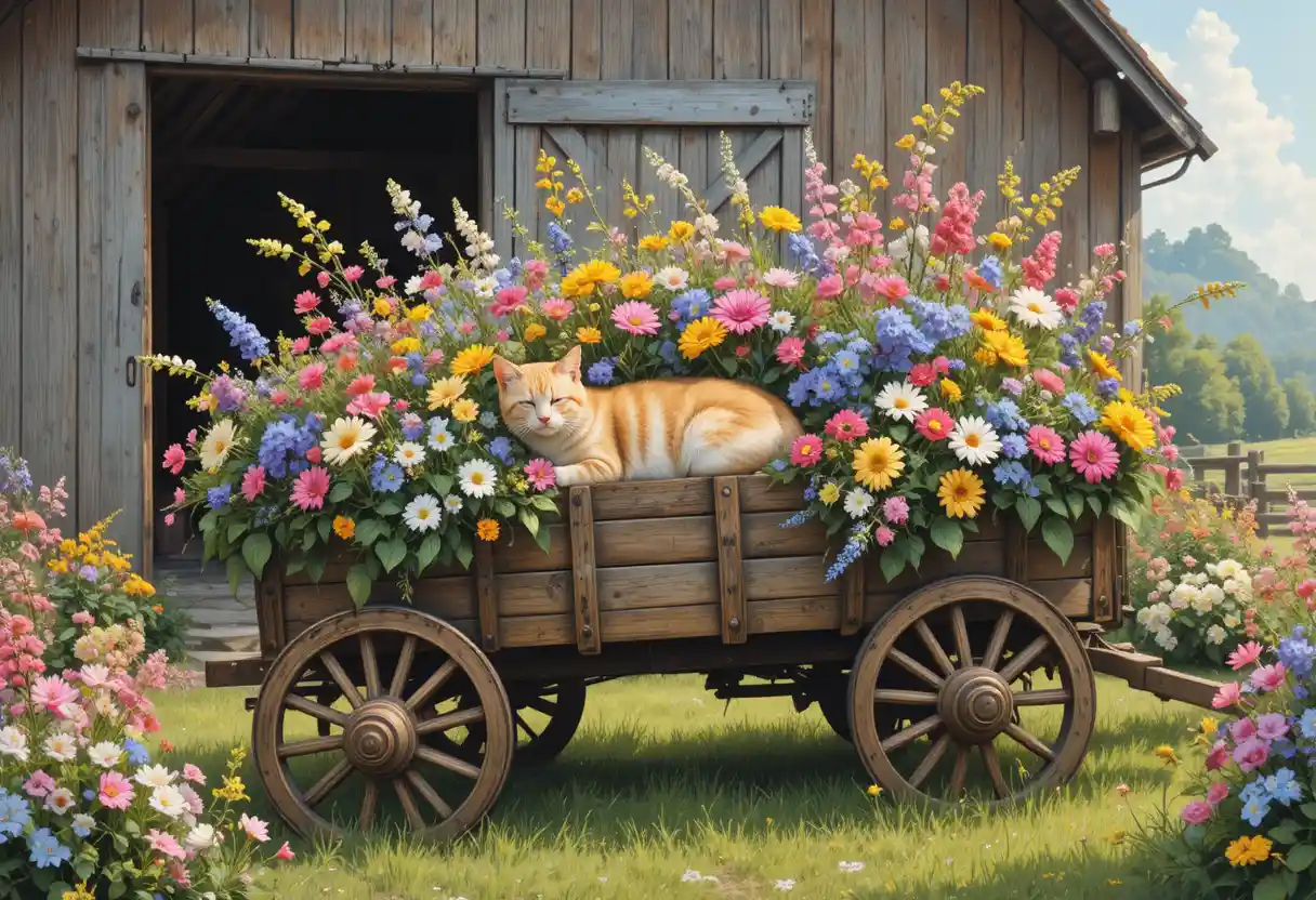 Vintage farm wagon filled with wildflowers and sleeping cat