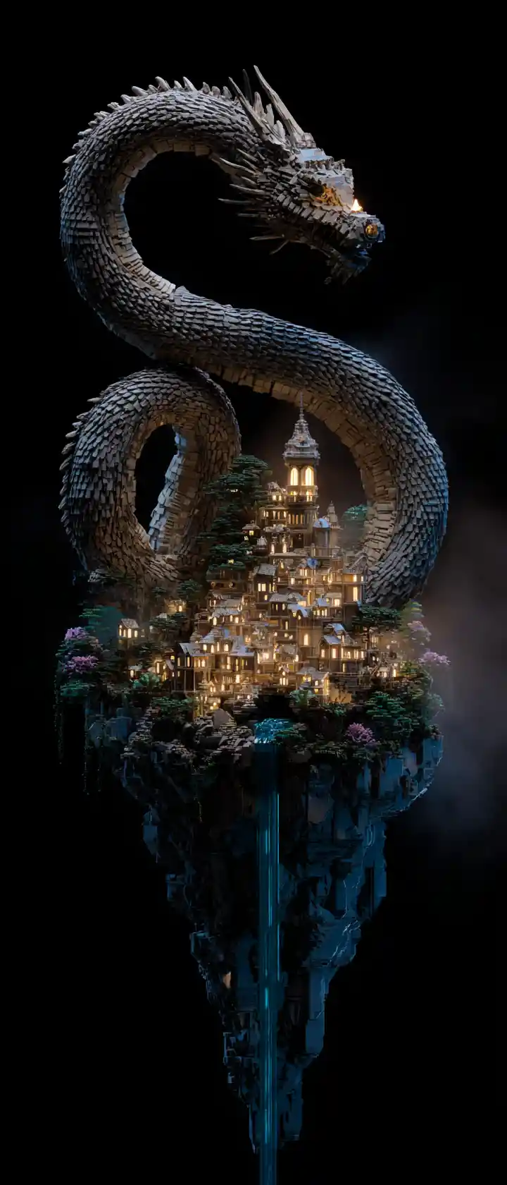 Ancient Dragon Guarding Tiny City On A Fragile Raindrop