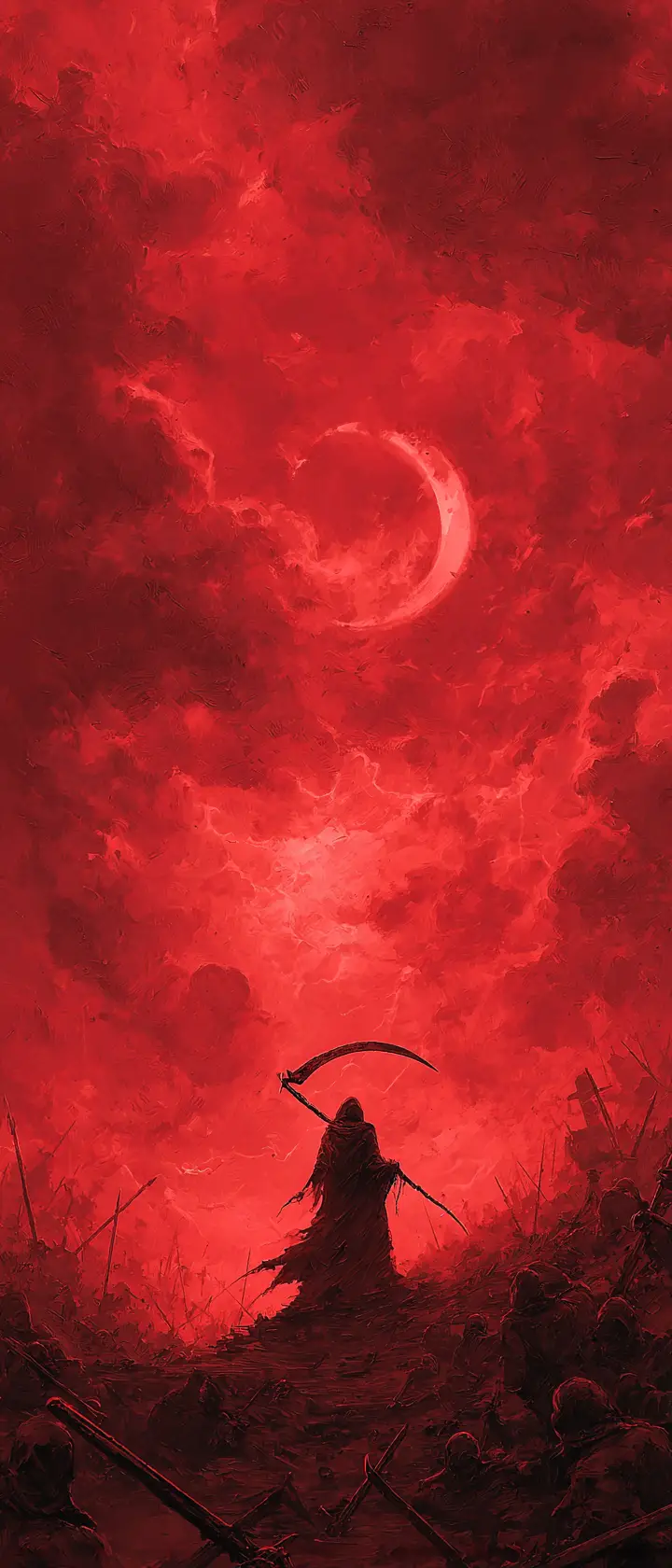 Skeletal reaper on a moonlit battlefield under storm clouds