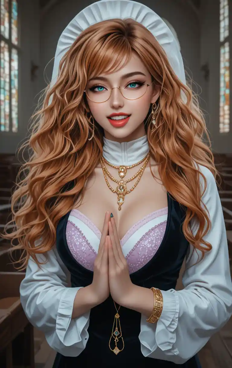 Curvaceous red haired nun praying in old church