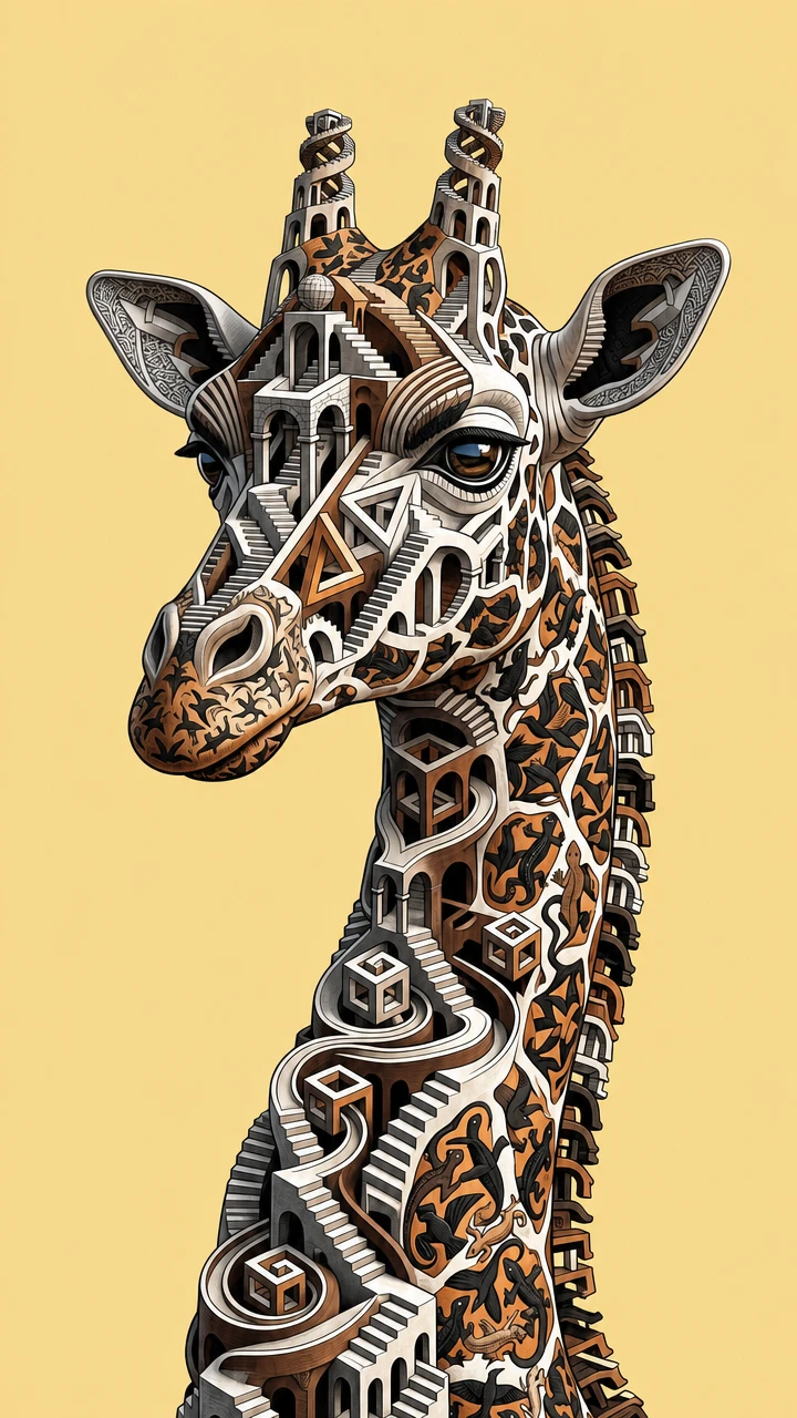 Surreal 3D portrait of an Escher inspired giraffe