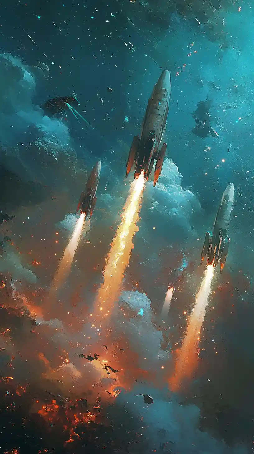 Multiple rockets streaking along a blazing flight path