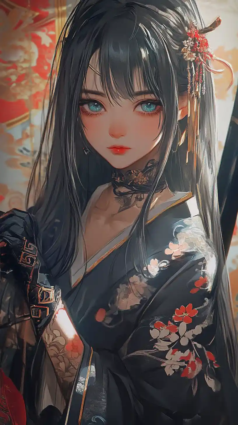 Tattooed Anime Girl In Black Kimono With Katana