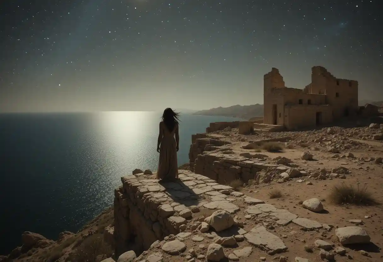 Solitary man at ancient ruins under a vast starry sky