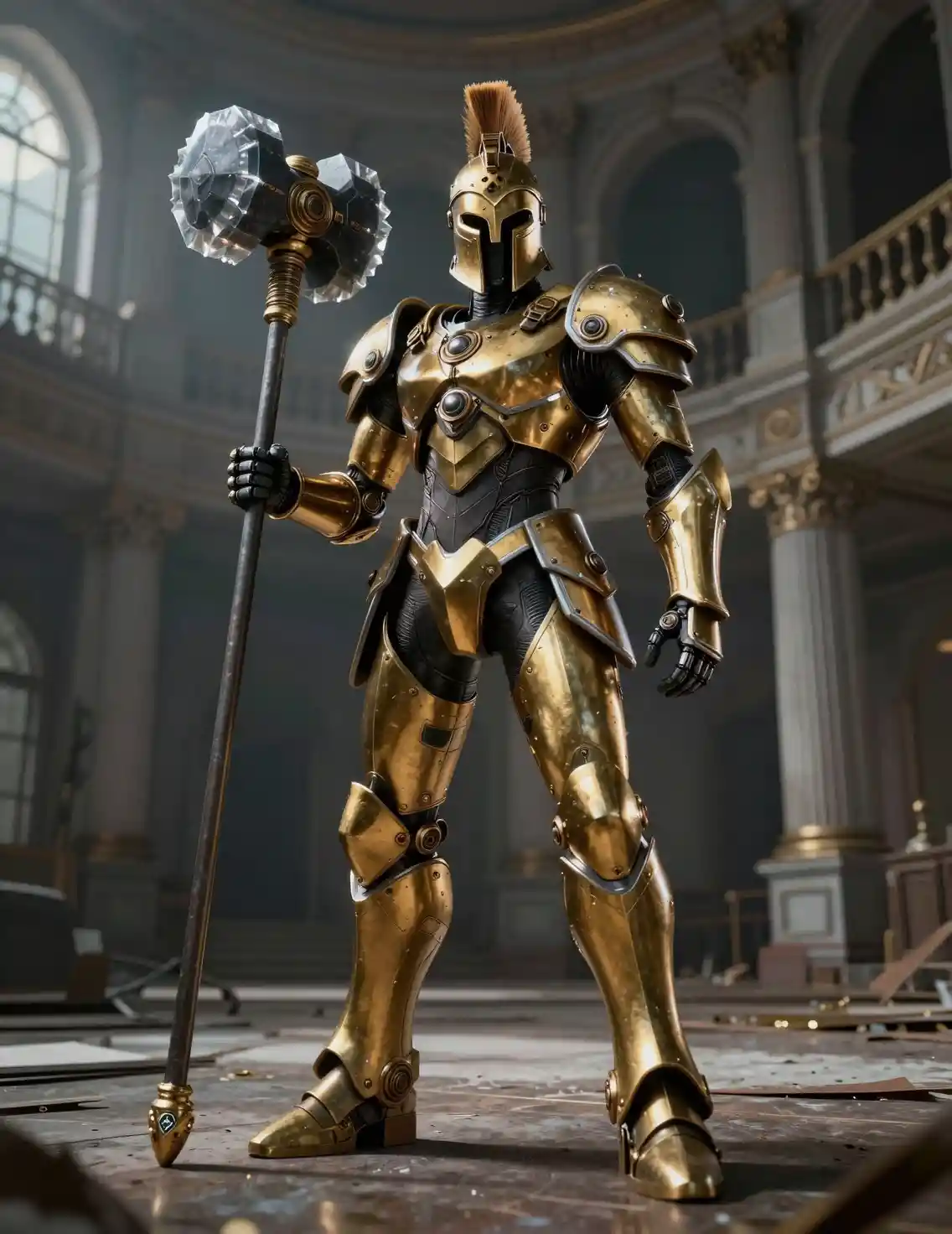 Steampunk battle automaton in abandoned grand moonlit lobby