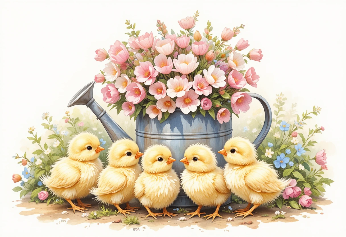 Watercolor chicks by a vintage watering can with flowers