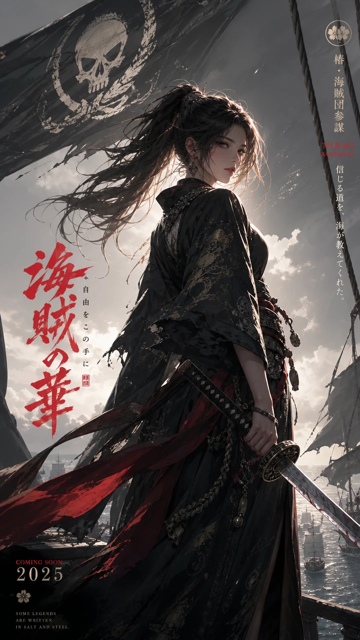 Mujer pirata de anime al viento con silueta a contraluz