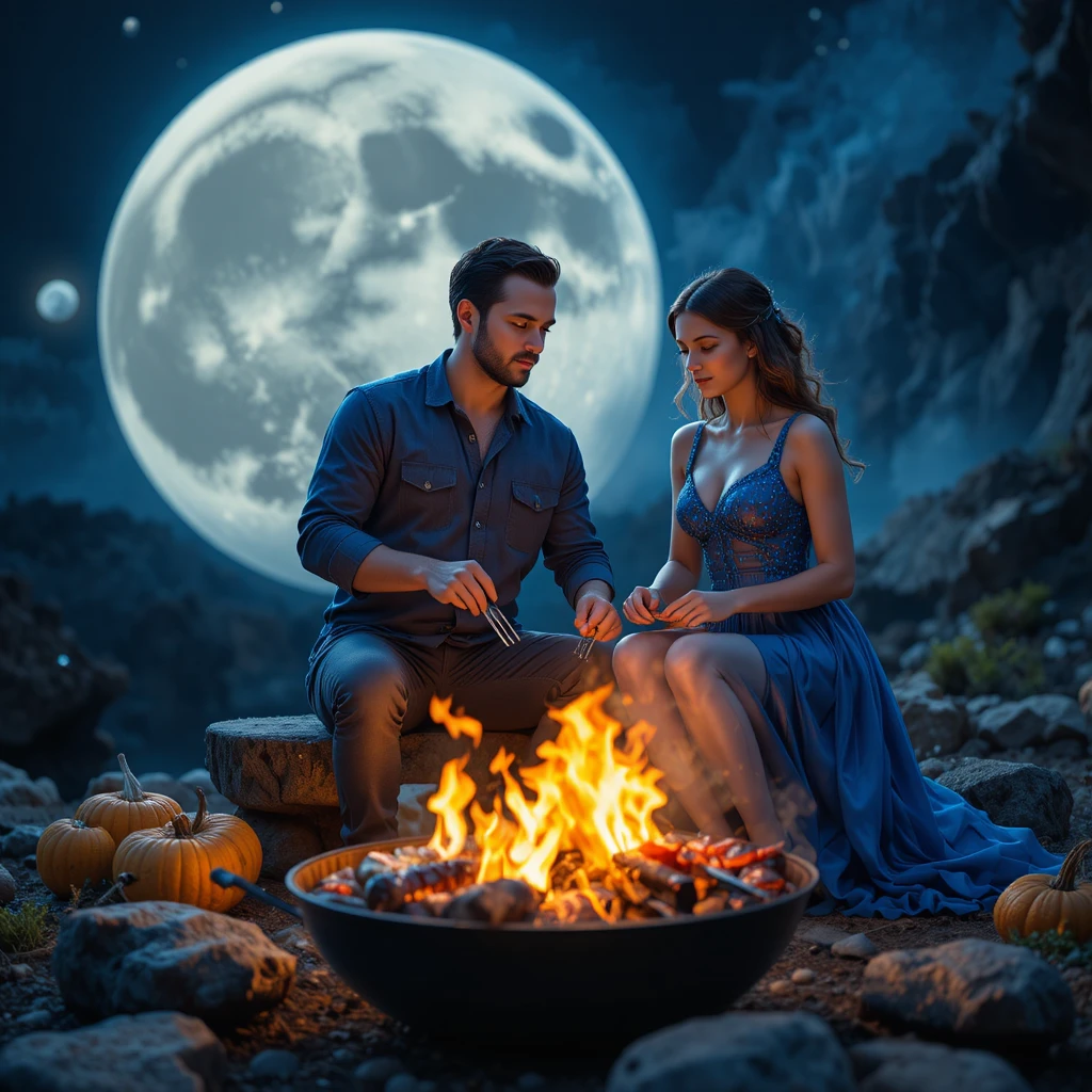 Couple grilling together on the moon in a surreal scene