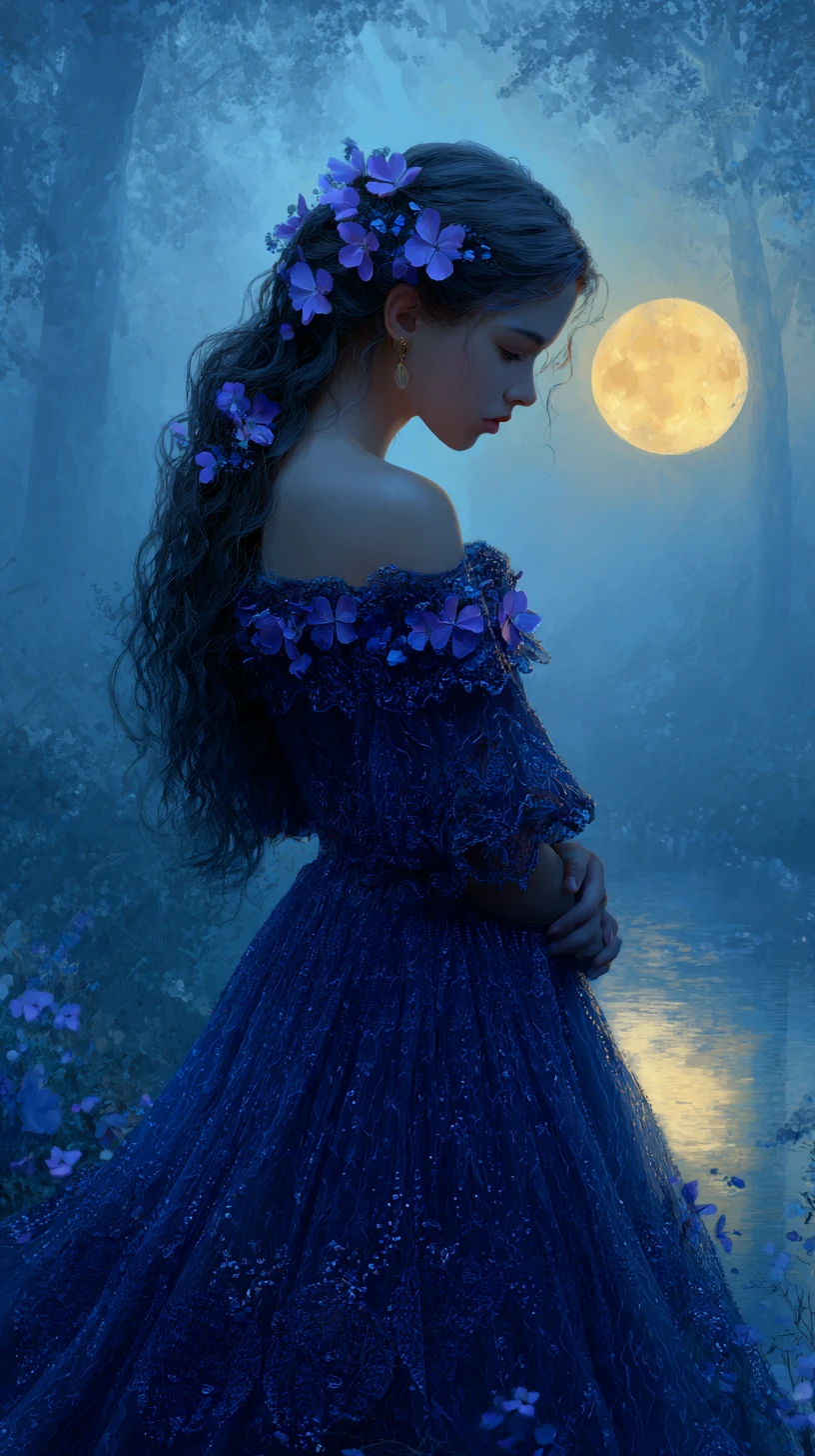 Melancholic girl in a moonlit enchanted forest stream