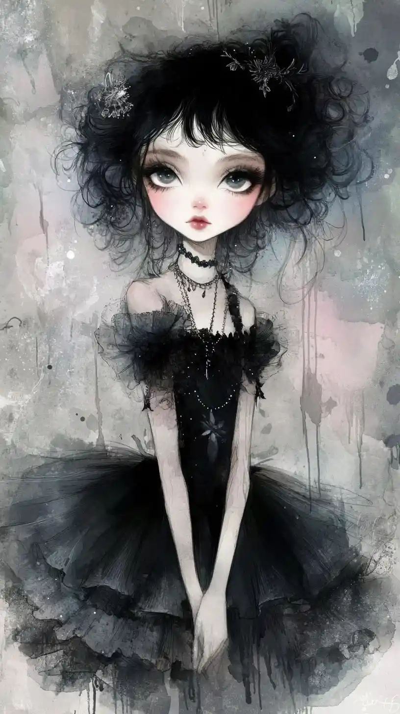 Gothic girl in black tulle dress with dreamy watercolor background