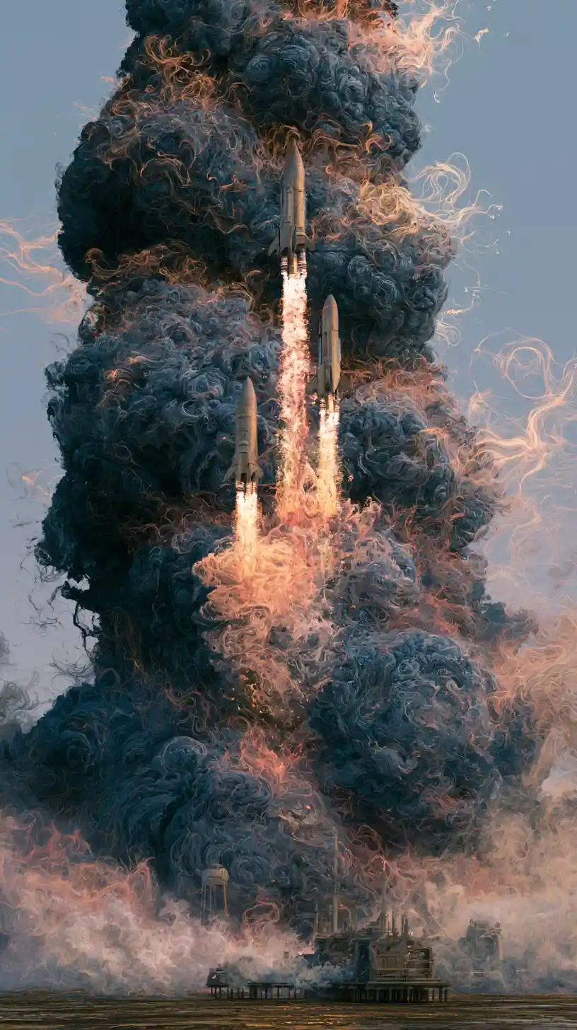 Multiple rockets streak upward along a shared flight path