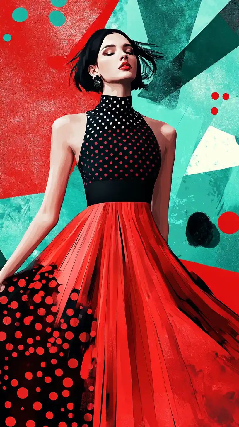 Elegant model in red dress against teal geometric background