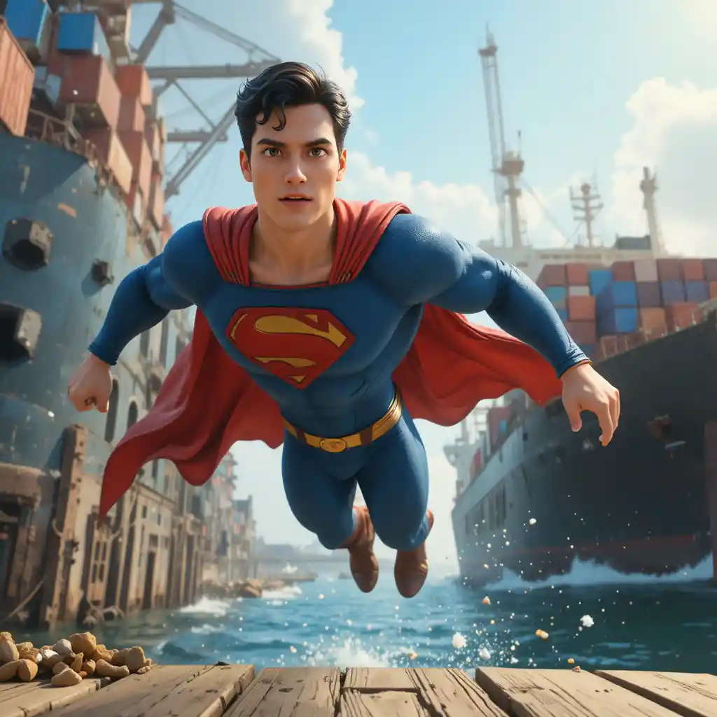 Superhero diving toward runaway cargo ship in daylight harbor