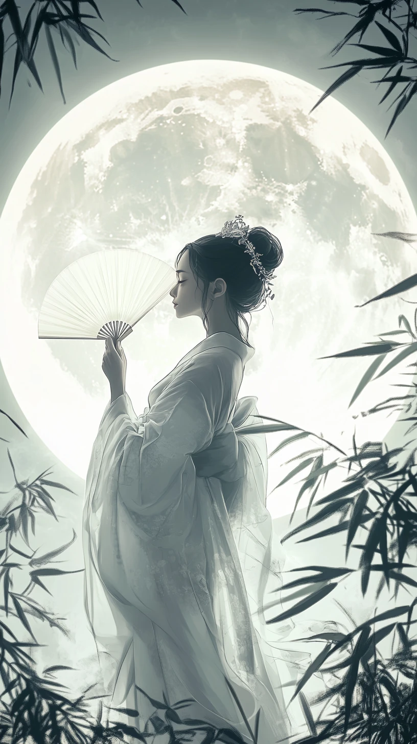 Ethereal woman in white silk before a glowing moon