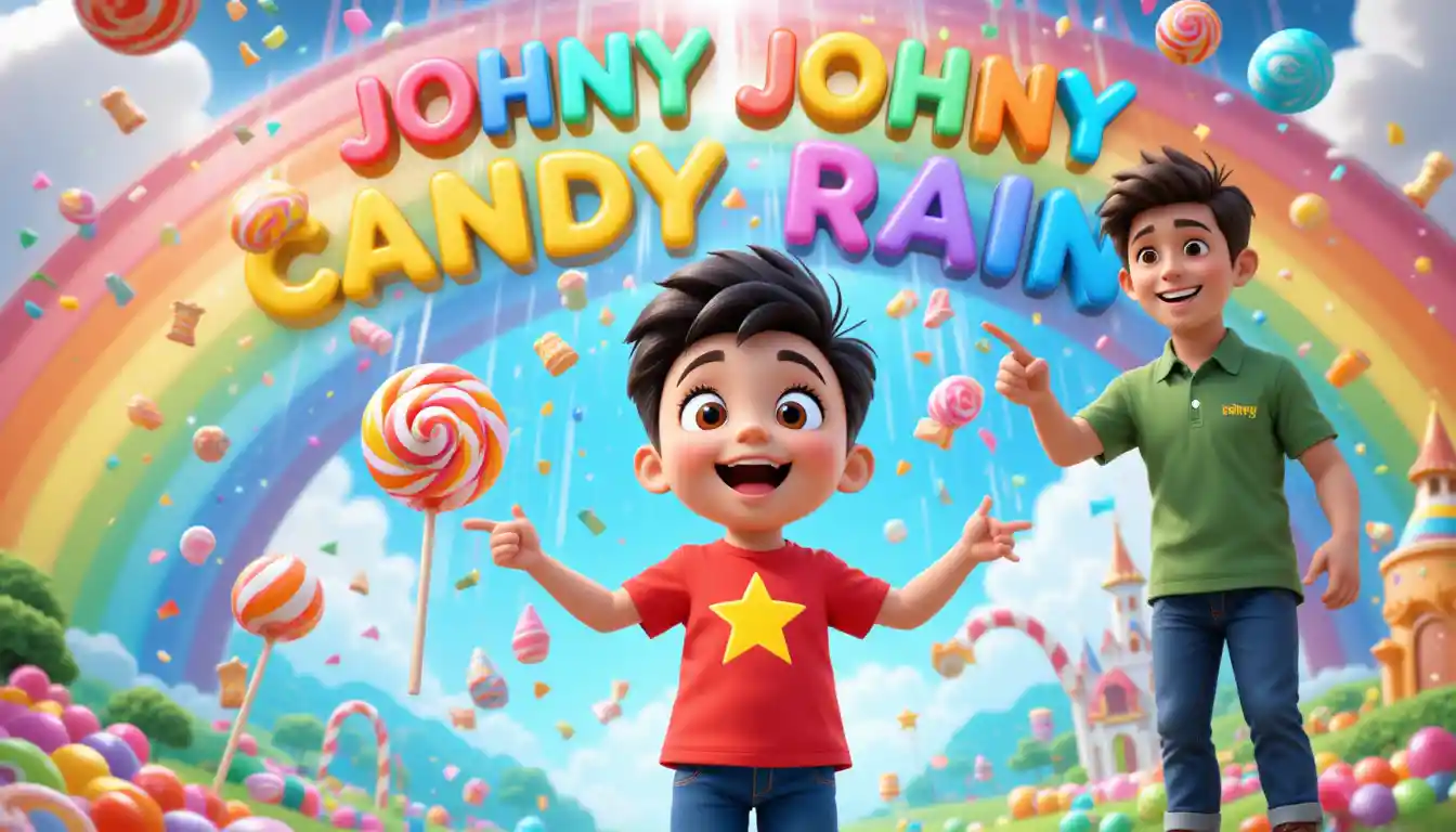 Smiling little boy under rainbow candy filled sky