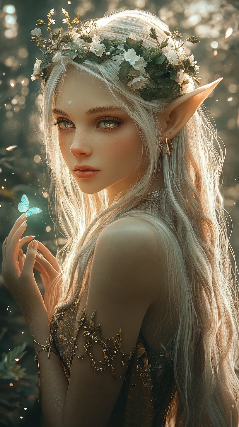 Ethereal elf woman with glowing butterfly in forest