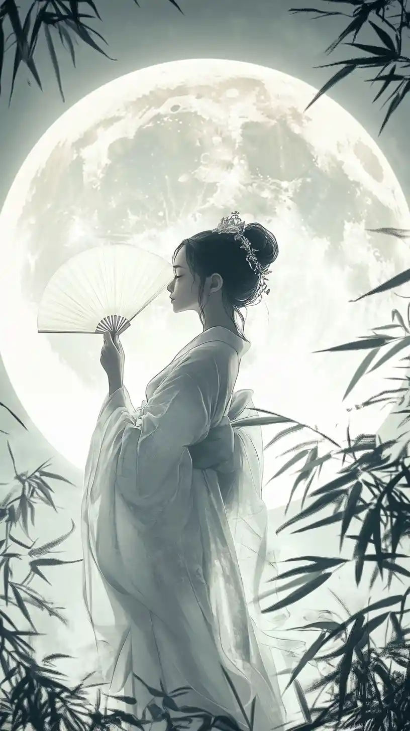 Ethereal woman in white silk before a glowing moon