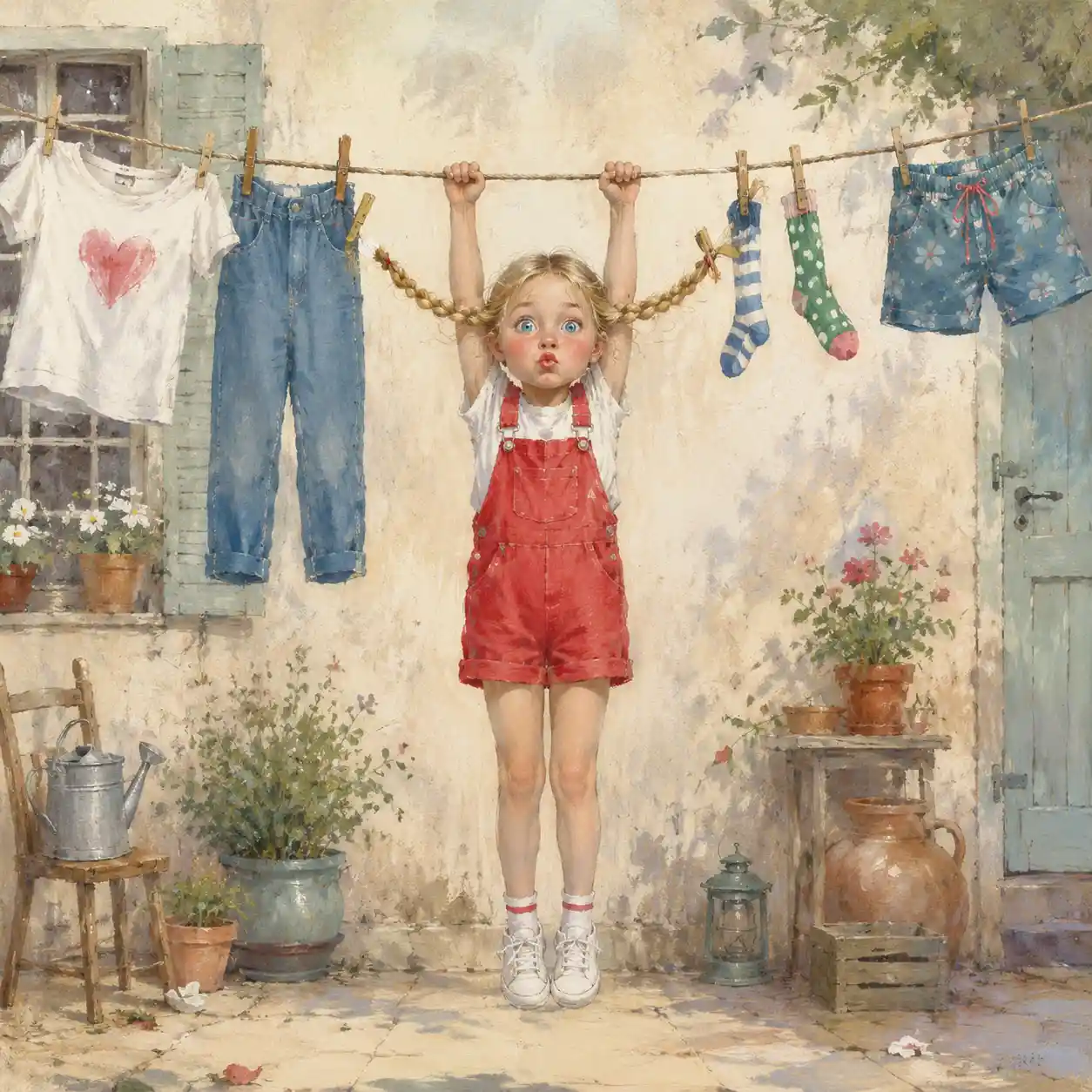 Little girl hanging from a clothesline in a sunny courtyard