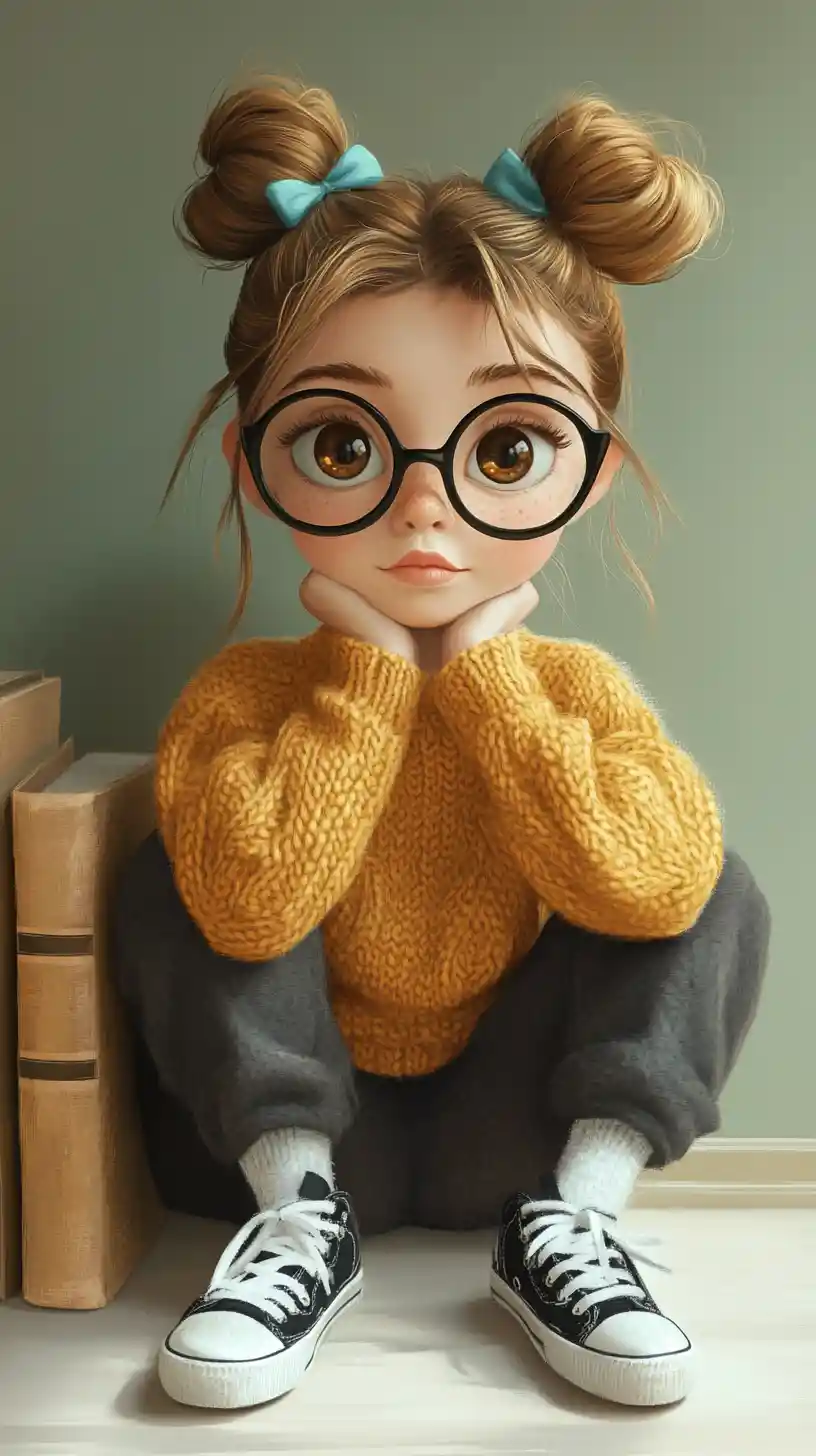 Thoughtful girl in yellow sweater sitting with books