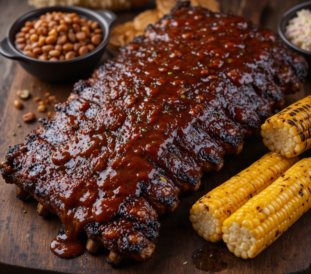 Grilled barbecue ribs with classic backyard dinner sides