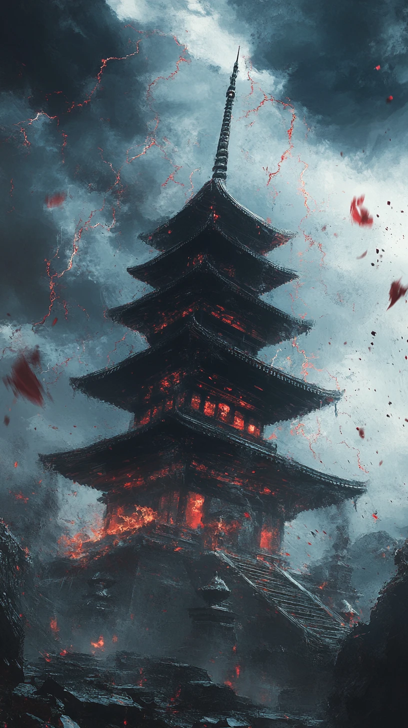 Ominous glowing pagoda engulfed by swirling dark energy
