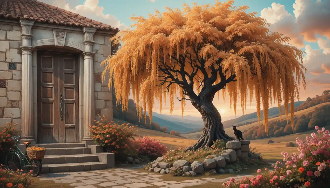 Rustic house with willow tree and cat at sunset